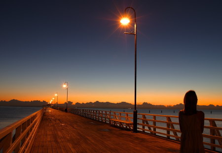 evening on the dock - woman, sky, evening, photography, sunset, lights