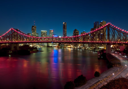 pink city lights - water, photography, city, night, bridge