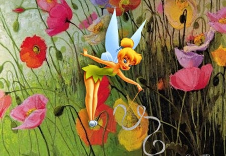 Tinks Meadow - tinkerbell, magic, meadow, tink, yellow, pink, red, blue, fairies, fairy, flowers