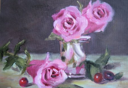 Three Cheers ! - three, roses, pink, beautiful, still life art