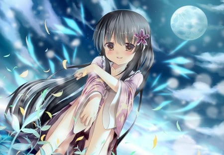 Houraisan Kaguya and Moon - moon, beauty, sweety, girl, wall, anime, cute, new