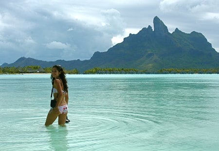 lake beautiful - lake, girl, sky mountains, ripples, water, mountains, ripple, blue water, bikini, blue