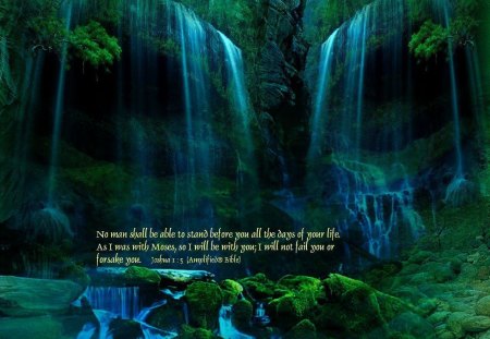 Waterfall - Bible Verse - trees, water, god, waterfalls, jesus, pretty, blue, beautiful, verse, green, scripture, bible