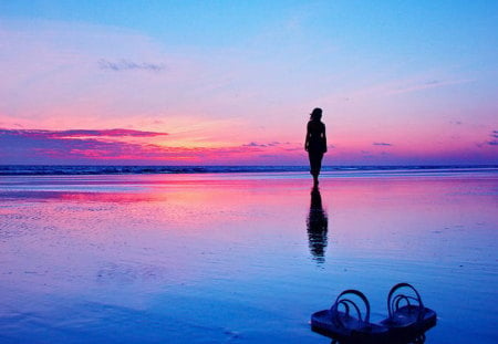 Evening thoughts - woman, sky, beach, sunset, flip flops, evening, walk, pink, blue