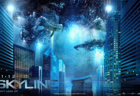 skyline - spaceships, blue lights, people, buildings