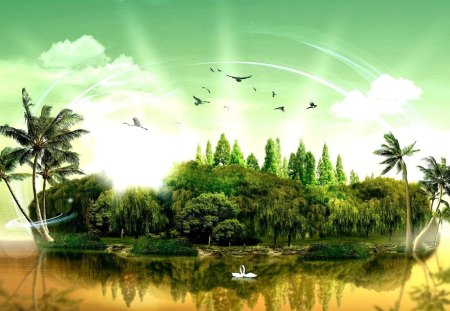 Fantasy-Island - lake, trees, fantasy, abstract, reflection, beautiful, clouds, green, island, birds