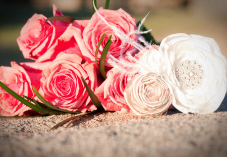 Just for my special one - roses, sparkle, sunny, beautiful, magical, pink, bouquet, flowers, wonderful, white, nature, satin, ivory, green