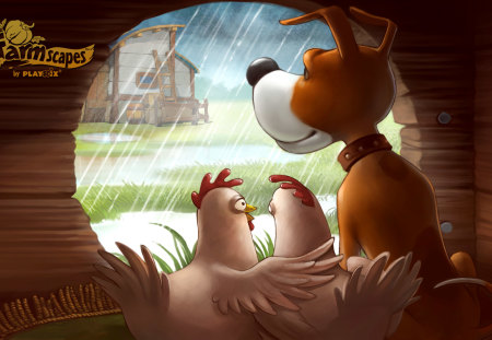 Rain and hen - autumn, game, dog, rain, hen, friends, embrace, house