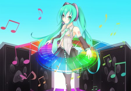 Hatsune Miku - tie, disk, pretty, artistic, pink, uniform, headphones, rainbow, nice, program, leggings, hot, thighhighs, bass, beauty, virtual, colors, cg, white, cute, aqua eyes, song, outfit, sexy, vocaloid, anime, blue, twintail, hatsune miku, microphone, music, aqua, stockings, long socks, art, notes, idol, anime girl, skirt, beautiful, singer, girl, cool, black, miku, awesome, diva, digital, aqua hair, hatsune, vocaloids, headset