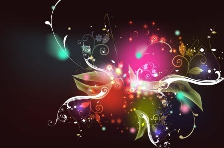 Shining Chaos - pretty, blue, beautiful, flower, pink, orange, chaos, leaves, black, white, rainbow, purple, green, color, fractal