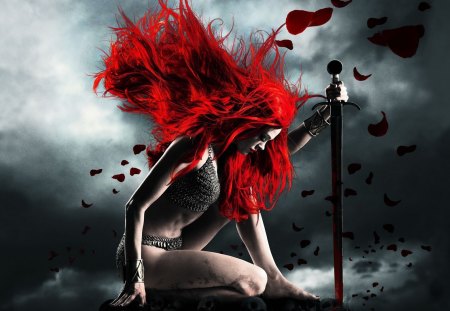 Blood Red Fantasy - blood, hot, sword, hair, blade, fantasy, grey, red, woman, sexy