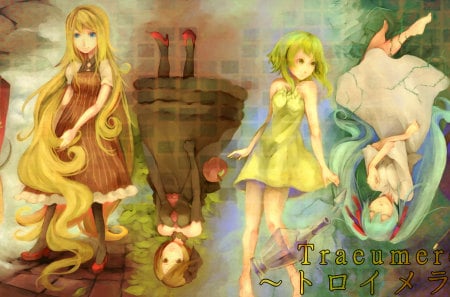 vocaloid - girls, yelow, yelow hair, boys, dress, colors, aqua hair, long hair