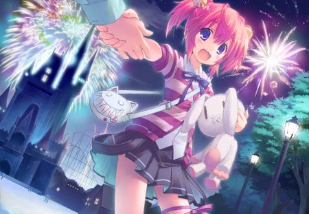 Firework - stuff, pigtails, kawaii, firework, bow, pink, animal, anime, ribbon, color, cute