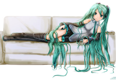 Hatsune Miku - tie, pretty, artistic, uniform, headphones, nice, program, leggings, hot, thighhighs, beauty, virtual, cg, white, gray, cute, aqua eyes, song, outfit, sexy, vocaloid, anime, boots, twintail, couch, hatsune miku, microphone, music, aqua, stockings, long socks, art, idol, anime girl, laying, skirt, beautiful, singer, girl, cool, black, miku, awesome, diva, digital, aqua hair, hatsune, vocaloids, headset