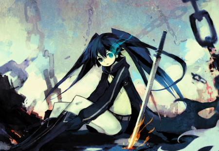 Black★Rock Shooter - pretty, artistic, weapon, nice, bikini top, blue eyes, hot, thighhighs, sword, beauty, blade, cg, white, cute, aqua eyes, shorts, sexy, stitches, anime, blue, boots, twintail, checkered, aqua, black rock shooter, fire, katana, art, anime girl, chain, beautiful, girl, cool, black, awesome, digital, black hair, brs