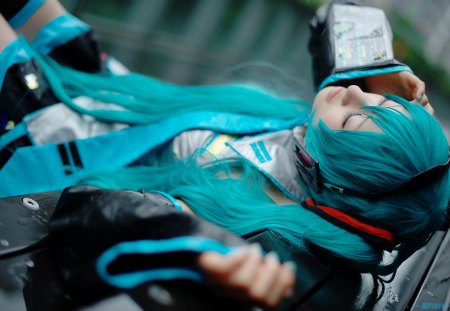 Hatsune Miku by Saya - pretty, female, uniform, headphones, costume, bench, nice, leggings, hot, thighhighs, beauty, actress, chair, cosplayer, white, gray, model, cute, aqua eyes, outfit, sexy, vocaloid, anime, hatsune miku, microphone, aqua, closed eyes, stockings, beautiful, cosplay, cool, black, saya, miku, awesome, aqua hair, hatsune, vocaloids, headset