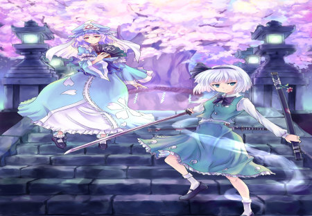 Konpaku & Saigyouji - pretty, saigyouji yuyuko, hairband, touhou, katana, konpaku youmu, headdress, cherry blossom, hot, sword, fan, folding fan, cool, hair bow, smile, stairs, cute