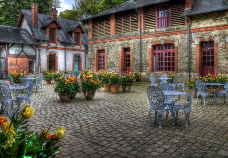 Beautiful Place - pretty, romantic, window, splendor, chairs, terrace, romance, leaves, flowers, view, garden, houses, house, trees, beautiful, windows, table, beauty, colors, lovely, colorful tulips, architecture, tulip, tree, chair, colorful, tulips, nature, green, peaceful