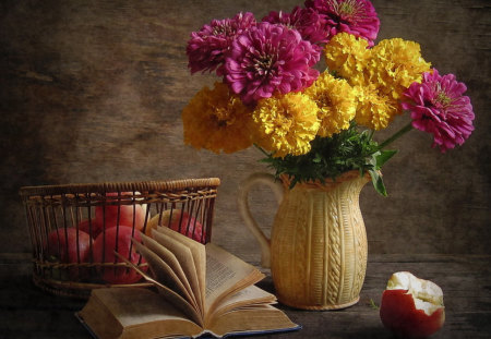 Still Life - pretty, yellow, book, pink, yellow flowers, flowers, apples, pink flowers, vase, beautiful, photography, beauty, colors, lovely, still life, basket, colorful, nature, apple