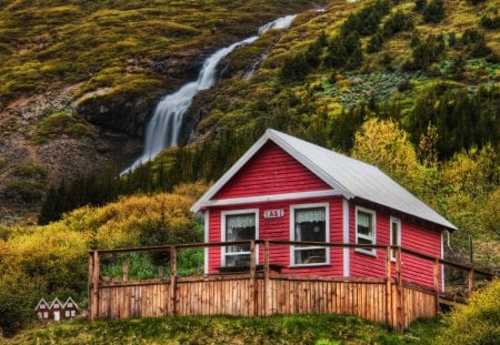 Little House - pretty, summer, mountain, countryside, nice, house, beauty, colors, architecture, fence, river, nature, autumn, green, little house, hills, splendor, grass, leaves, red, view, cliffs, houses, falling, trees, water, beautiful, slope, lovely, fll, tree, waterfall, little, mountains, peaceful