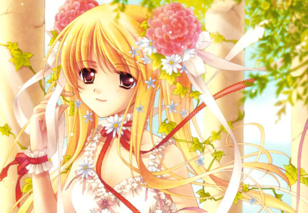 Cute anime girl.. - flower in hair, sweet, cute, trees