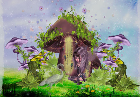 Never Land - never land, sky, mushroom, purple, blue, clouds, leaves, green, fairy, flowers, land, grass, vines