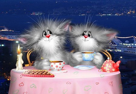 Cartoon Cats - love, sky, candle, stars, night, cartoons, clouds, pink, cats, table, dinner