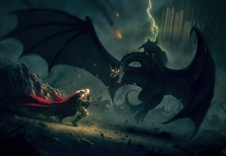 worrior VS dragon - hd, darkk, dragon, sword, worrior, gothic, cg