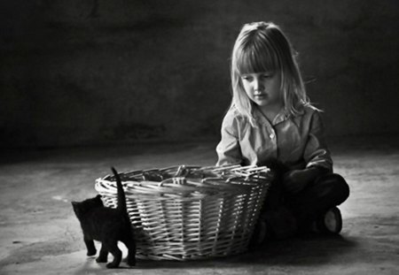 Girl with her cat - white, girl, cat, black, photo