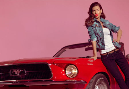 bright red mustang - pretty, car, female, photography, model