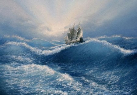 Voyage to Nowhere - sunlight, blue, boat, sea, ocean, sails, rough, waves, sky