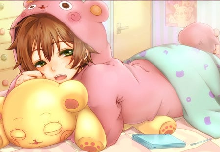 Original - animal, blush, short hair, brown hair, pijama, bed