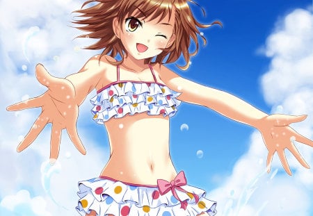 o aru kagaku no railgun - brown eyes, swimsuit, to aru kagaku no railgun, brown hair, short hair, misaka mikoto, to aru majutsu no index, kamiko to seiryoku, sky