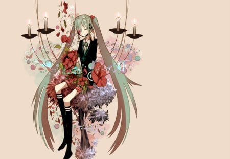 Hatsune Miku - pretty, artistic, flowers, nice, program, beauty, virtual, cg, white, green, cute, aqua eyes, song, vocaloid, anime, fountain, twintail, hatsune miku, music, aqua, red, candles, art, idol, anime girl, beautiful, singer, girl, cool, black, miku, awesome, diva, digital, aqua hair, hatsune, vocaloids