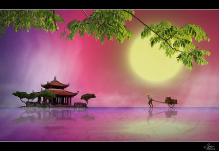 TOWARDS DESTINATION - dreamy, purple, pink, temple, moon, leaves