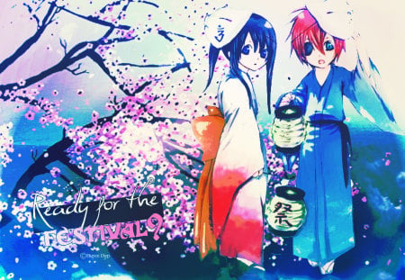 Festival Time - mask, cherry, kids, d gray man, sakura, blossoms, pink, red, blue, anime, kimono, cute, festival