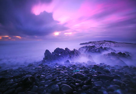 Evening mists - sky, beach, pink, clouds, blue, water, mist, rocks