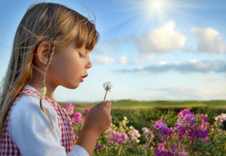 Blowing Kisses - clouds, sunlight, girl, dandelion, child, flowers, nature, kisses, cute, blowing, sky