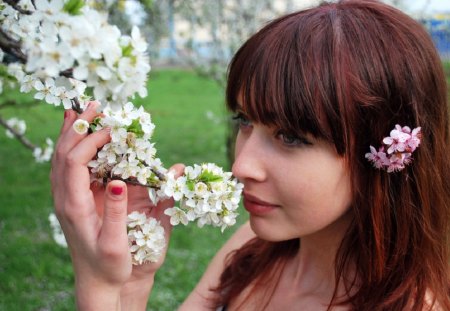 Chrerry blossm - women, enoying nature, chrerry blossm tree, smelling, flowers, grass