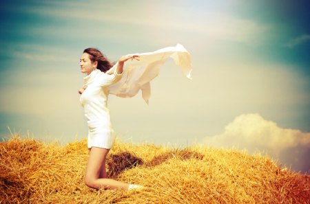 Flying - women, sky, hay, sun, clouds, wind