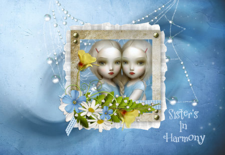 Sisters in Harmony - picture, best friends, blue, family, flowers, sister, sisters, harmony