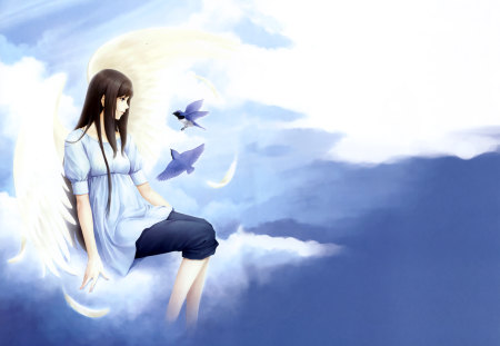 Somewhere In Heaven - toko, kuchiki, sky, heaven, clouds, light, kara no, shoujo, birds, angel