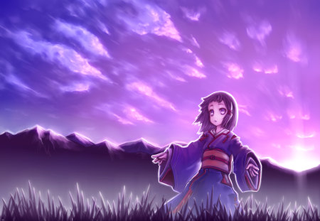 Violet Dawn - clouds, pretty, anime girl, beautiful, beauty, kimono, stunning, japanese clothes, purple, cute, violet, loli, sky