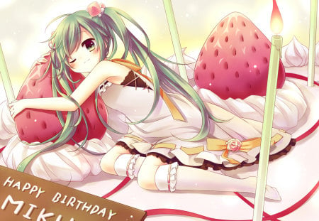 Hatsune Miku - pretty, artistic, uniform, nice, cake, anniversary, program, leggings, strawberry, hot, beauty, virtual, cg, white, cute, aqua eyes, song, outfit, sexy, happy birthday, vocaloid, anime, blue, twintail, dress, hatsune miku, music, aqua, stockings, red, long socks, art, idol, anime girl, beautiful, singer, girl, chocolate, blush, cool, black, miku, awesome, diva, digital, aqua hair, hatsune, vocaloids