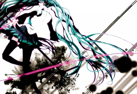 Hatsune Miku - tie, pretty, artistic, pink, uniform, headphones, nice, program, leggings, hot, thighhighs, beauty, virtual, cg, white, cute, aqua eyes, song, outfit, sexy, vocaloid, anime, blue, twintail, hatsune miku, microphone, music, aqua, stockings, long socks, art, idol, anime girl, skirt, beautiful, singer, girl, cool, black, miku, awesome, diva, digital, aqua hair, hatsune, vocaloids, headset