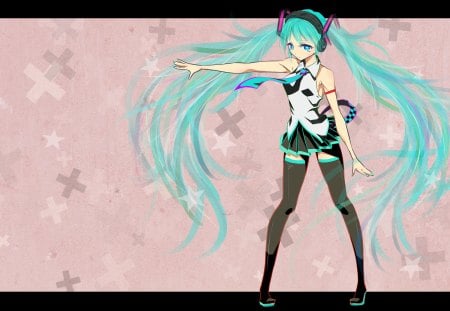 Hatsune Miku - aqua, hot, headset, thighhighs, music, anime girl, stockings, white, art, cool, aqua eyes, artistic, hatsune miku, sexy, skirt, leggings, song, vocaloids, program, vocaloid, pink, beautiful, uniform, diva, beauty, nice, twintail, singer, aqua hair, long socks, black, virtual, pretty, idol, anime, miku, cute, stars, girl, cg, hatsune, microphone, blue, headphones, tie, awesome, digital, outfit