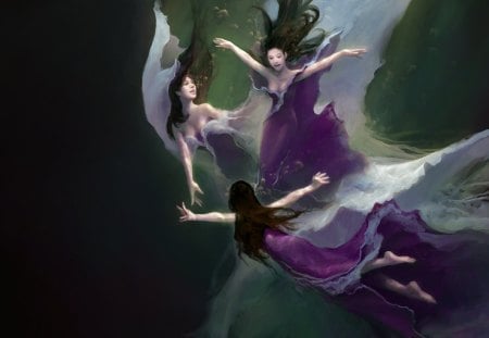 Underwater Dance - woman, women, girls, people, water, veils, fantasy, elegant, underwater, art, purple, grey, green, mermaids, serene, figures, girl, abstract, beautiful, sea