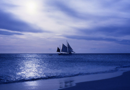 Blue Sea - ship, beach, sea, blue