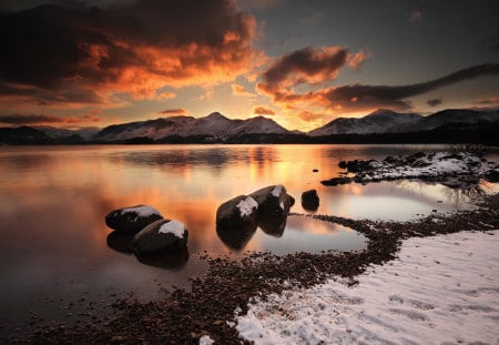 Beautiful Sunset - clouds, sunset, beach, beautiful, mountain, stones