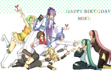 Happy Birthday Miku! - meiko, kaito, rin kagamine, vocaloid, megurine luka, kamui gakupo, gumi, len kagamine, birthday